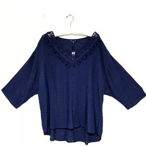Unique Spectrum Navy Top Blouse Crochet Lace Trim Blue 3/4 Sleeves